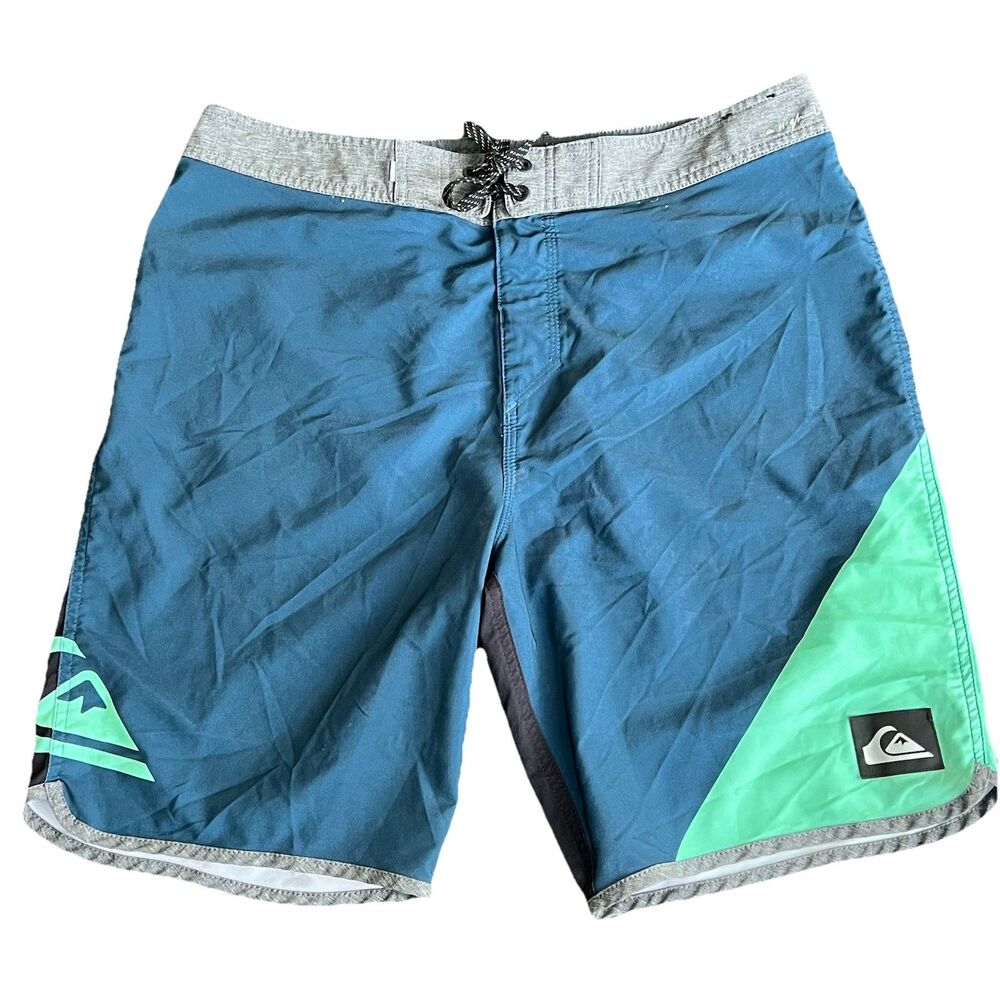 Quiksilver Board Shorts Mens 34 Gray Blue Swim Trunks Welded Stretch Seams Aloha